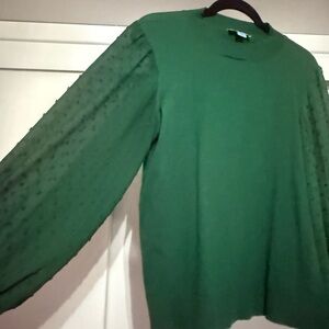 Gorgeous green crewneck sweater with sheer polkadot Detail on sleeve. large